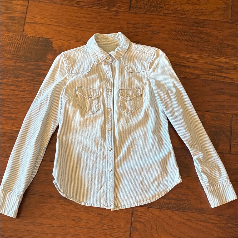 Blue and white Striped pearl snap western Shirt